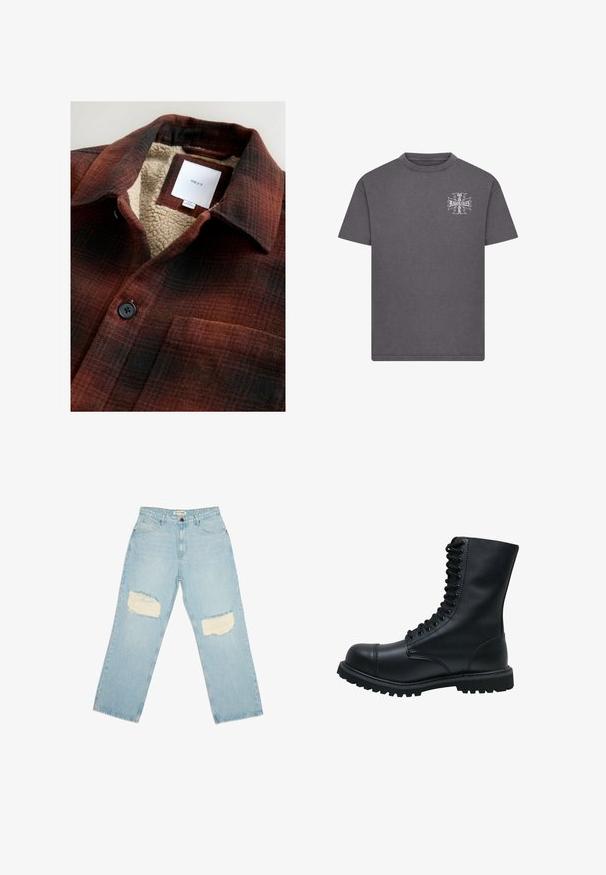 Camisa de franela en cuadros rojos y negros con un cuello forrado de sherpa. Cuenta con un bolsillo en el pecho y un detalle de botón negro. Etiqueta de la marca visible.; Camiseta de algodón gris con cuello redondo. Presenta un diseño gráfico blanco en la parte izquierda del pecho. Tiene mangas cortas y un corte relajado.; Jeans de mezclilla azul claro con cintura alta, piernas rectas y parches desgastados en ambos muslos.; Botín de cuero negro con cordones, punta redonda, caña alta, suela de goma gruesa y superficie texturizada. Presenta costuras reforzadas a lo largo de las uniones.
