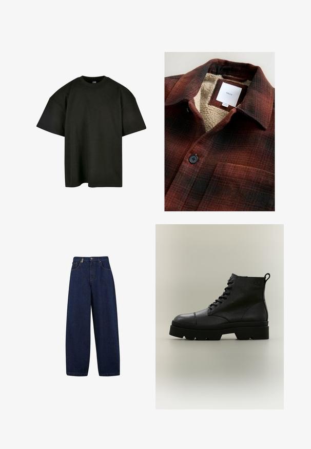 Camisa de franela en cuadros rojos y negros con un cuello forrado de sherpa. Cuenta con un bolsillo en el pecho y un detalle de botón negro. Etiqueta de la marca visible.; Camiseta negra de corte oversized en suave algodón. Presenta un cuello redondo y mangas cortas, con una textura suave y un diseño minimalista.; Vaqueros de mezclilla oscuros de corte holgado con cintura alta, bolsillos delanteros y diseño de pierna recta. Incluye herrajes en tono plateado y costuras mínimas.; Bota negra de cuero texturizado con cordones, suela gruesa y tira para tirar en la parte trasera, mostrada de perfil sobre fondo neutro.