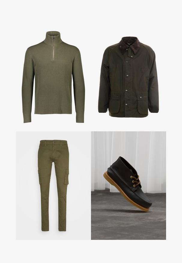 Veste en coton ciré vert foncé avec un col en velours côtelé marron, fermeture à boutons-pression à l'avant, et deux poches sur le devant. Design simple, manches longues.; Pull en maille côtelée vert olive avec col montant et fermeture à quart de zip. Il présente des manches longues et une finition texturée.; Pantalons cargo vert olive fabriqués en tissu en mélange de coton. Comprend plusieurs poches cargo sur les côtés, fermeture à bouton et conception à jambe effilée.; Chaussures en cuir noir avec une finition lisse, bout rond, lacets marron et semelles en caoutchouc marron clair. Logo embossé sur le côté.