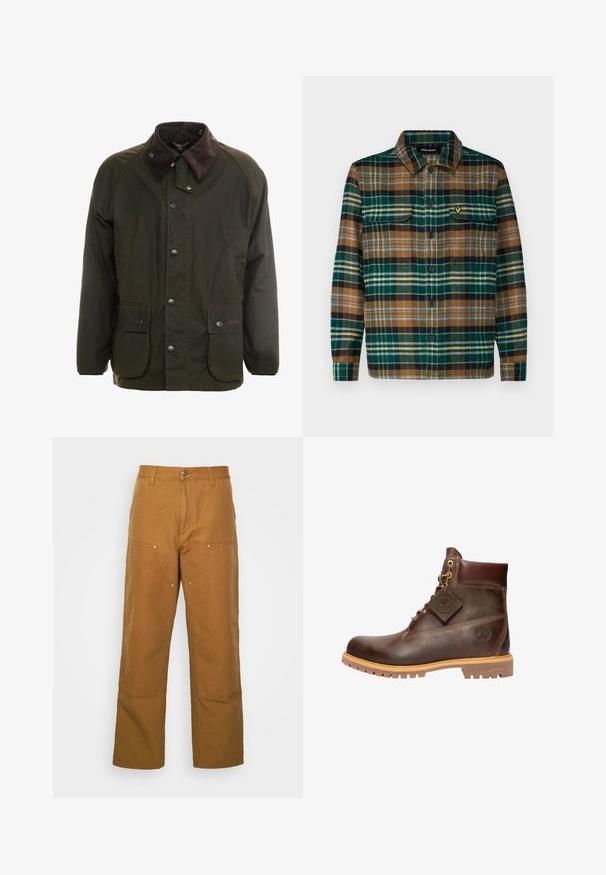Donkergroene gewaxte katoenen jas met een bruin corduroy kraag, knoopsluiting aan de voorkant en twee voorzakken. Eenvoudig ontwerp, lange mouwen.; Geruite flanellen overhemd in groen, bruin en zwart met een knoopsluiting aan de voorkant, twee borstzakken en een klein geborduurd logo op de linker zak.; Bruine katoenen utility broeken met een rechte pijpdesign, voorzien van voorzakken en metalen hardware accenten voor extra duurzaamheid.; Bruine leren enkelboot met een ronde neus, stevige zool, hardware in goudkleur en een gestructureerde bovenkant. Inclusief een merklabel dat is bevestigd.
