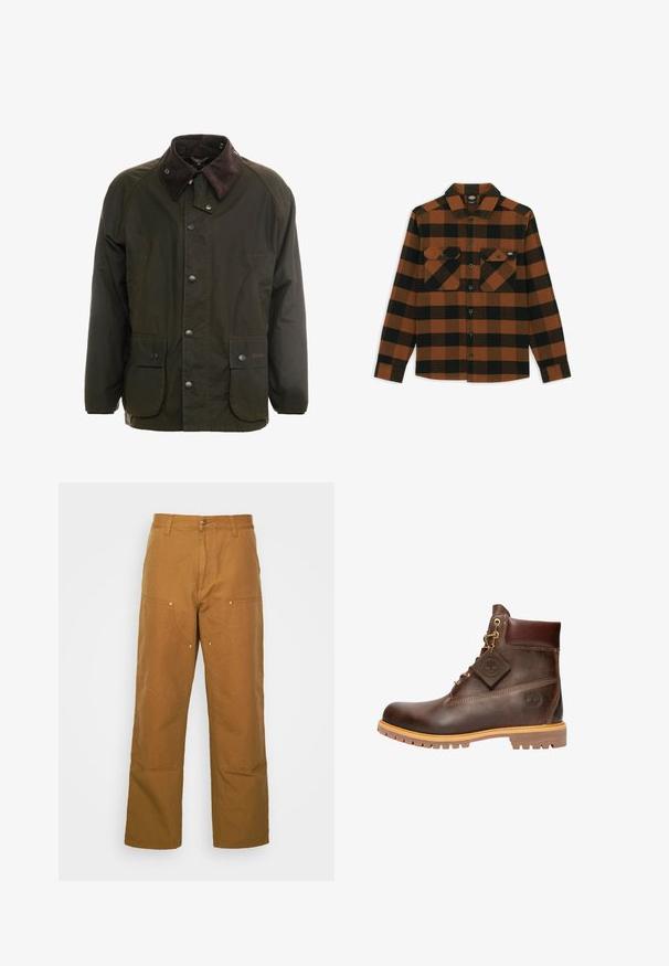Donkergroene gewaxte katoenen jas met een bruin corduroy kraag, knoopsluiting aan de voorkant en twee voorzakken. Eenvoudig ontwerp, lange mouwen.; Langarmshirt in een oranje en zwart geruit patroon, gemaakt van een gestructureerde stof. Heeft twee borstzakken en een knoopsluiting aan de voorkant.; Bruine katoenen utility broeken met een rechte pijpdesign, voorzien van voorzakken en metalen hardware accenten voor extra duurzaamheid.; Bruine leren enkelboot met een ronde neus, stevige zool, hardware in goudkleur en een gestructureerde bovenkant. Inclusief een merklabel dat is bevestigd.
