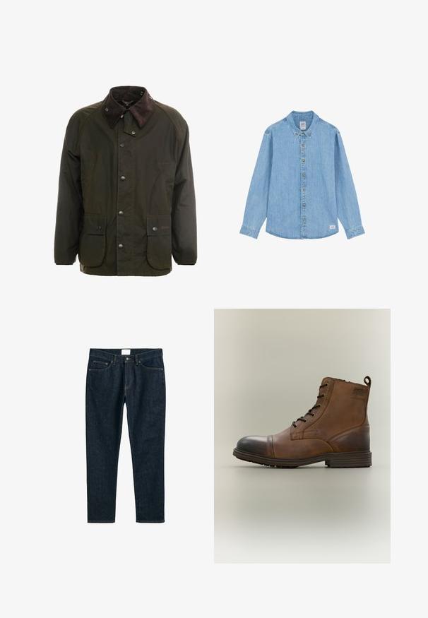 Donkergroene gewaxte katoenen jas met een bruin corduroy kraag, knoopsluiting aan de voorkant en twee voorzakken. Eenvoudig ontwerp, lange mouwen.; Lichtblauw denim overhemd met lange mouwen, een knoopsluiting aan de kraag en knopen aan de voorkant, met een klein Lee-merklabel aan de onderzoom.; Donkerblauwe denim jeans, rechte pasvorm, met vijf zakken, knoopsluiting en contrasterende stiksels. Gladde textuur met een klassiek ontwerp.; Bruine leren enkellaars met veters, zwarte neuskap, ronde zool en merkdetail aan de zijkant tegen een effen achtergrond.
