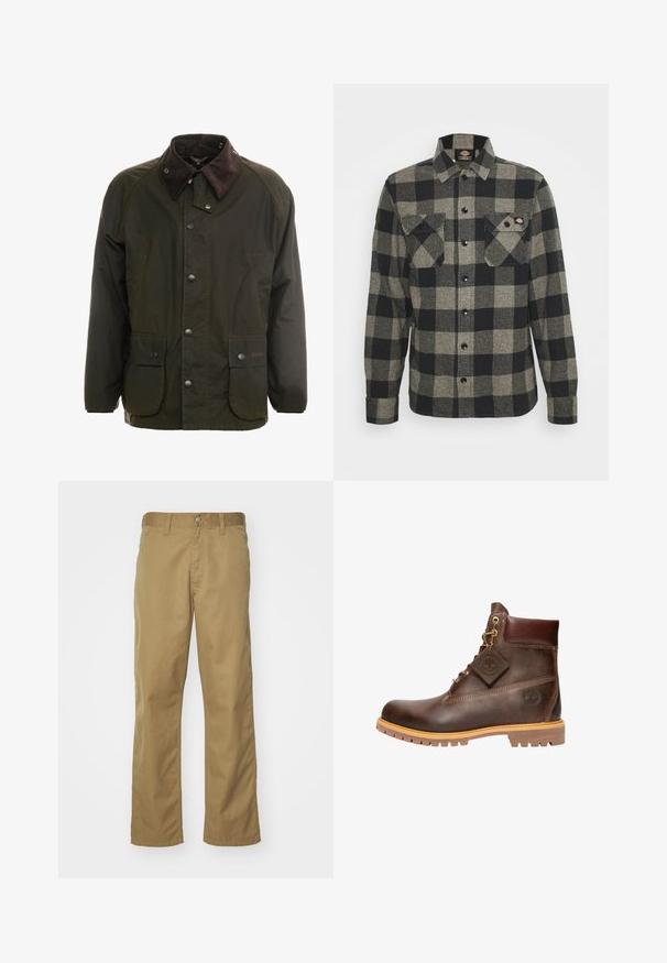 Donkergroene gewaxte katoenen jas met een bruin corduroy kraag, knoopsluiting aan de voorkant en twee voorzakken. Eenvoudig ontwerp, lange mouwen.; Zwart en grijs geblokt flanellen shirt met lange mouwen, knoopsluiting aan de voorkant, twee borstzakken en een licht gebogen zoom. Gegarneerde stof.; Khaki chino's met een recht gesneden ontwerp, gemaakt van soepel katoenstof. Voorzien van een knoopsluiting aan de voorkant en zijzakken.; Bruine leren enkelboot met een ronde neus, stevige zool, hardware in goudkleur en een gestructureerde bovenkant. Inclusief een merklabel dat is bevestigd.