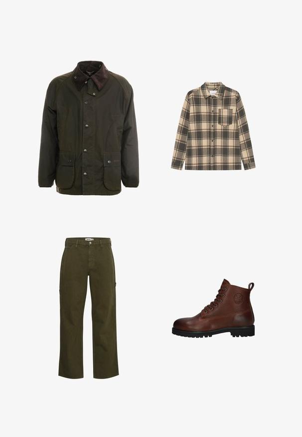 Veste en coton ciré vert foncé avec un col en velours côtelé marron, fermeture à boutons-pression à l'avant, et deux poches sur le devant. Design simple, manches longues.; Chemise à carreaux grise et beige en coton, avec un rabat à boutons, des manches longues, un col et une poche poitrine unique.; Pantalons cargo larges olive en coton, avec une texture lisse, dotés de poches latérales et d'une fermeture à bouton, fabriqués en tissu durable.; Bottine en cuir marron avec une surface texturée, six œillets, une semelle en caoutchouc noire et une boucle pour un enfilage facile.