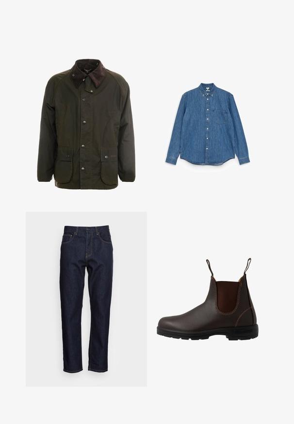 Veste en coton ciré vert foncé avec un col en velours côtelé marron, fermeture à boutons-pression à l'avant, et deux poches sur le devant. Design simple, manches longues.; Chemise en denim bleu à manches longues avec un col pointu, des boutons blancs, une poche poitrine unique et un ourlet droit. Texture uniforme et poids moyen.; Jeans en denim bleu foncé avec une coupe droite, cinq poches et des coutures jaunes contrastées. Conçus avec une fermeture classique à bouton et à glissière.; Botte Chelsea en cuir marron avec panneau latéral élastique, coutures marron, languettes de tirage, et une semelle en caoutchouc durable avec un motif texturé.