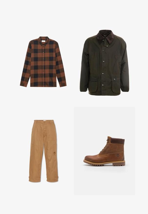 Veste en coton ciré vert foncé avec un col en velours côtelé marron, fermeture à boutons-pression à l'avant, et deux poches sur le devant. Design simple, manches longues.; Chemise à manches longues à carreaux marron et noir en tissu, avec un col à rabat et une patte de boutonnage ; présente des manches à poignets.; Pantalons de travail khaki, fabriqués en tissu durable, dotés de plusieurs poches, d'une fermeture à bouton et d'un logo brodé sur la cuisse.; Botte de randonnée en cuir marron avec une finition lisse, cheville rembourrée, œillets en métal et semelle en caoutchouc dotée d'un motif de crampons robuste.