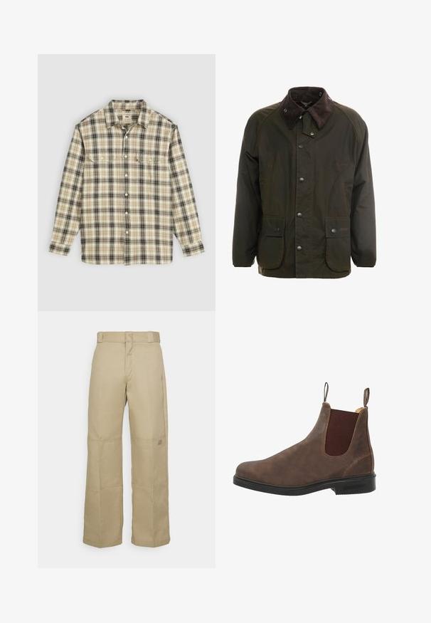 Donkergroene gewaxte katoenen jas met een bruin corduroy kraag, knoopsluiting aan de voorkant en twee voorzakken. Eenvoudig ontwerp, lange mouwen.; Langarm geruite blouse in beige, zwart en bruin stof, met knoopsluiting, twee borstzakken en een klassiek kraagontwerp.; Beige wijde broek gemaakt van stevig materiaal, met een hoge taille, zichtbare stiksel en een klein logopatch aan de zijkant.; Bruine leren enkellaars met elastische zijpanelen, ronde neus en zwarte rubberen zool. Subtiele textuur en stiksels.