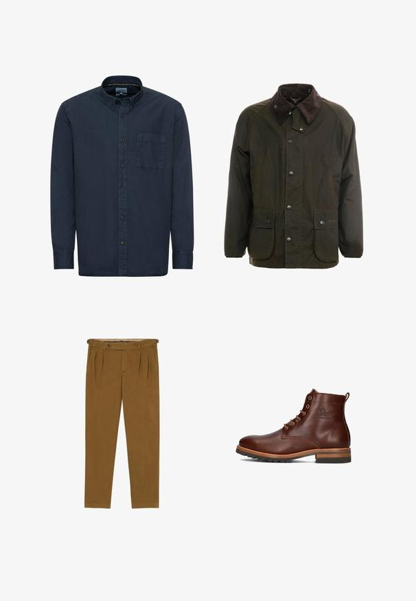 Dunkelgrüne gewachste Baumwolljacke mit einem braunen Cordkragen, Druckknopfverschluss auf der Vorderseite und zwei Fronttaschen. Schlichtes Design, lange Ärmel.; Marineblaue Button-Down-Hemd aus Baumwolle. Verfügt über einen klassischen Kragen, lange Ärmel, eine einzelne Brusttasche und dezente Nähdetails.; Braune maßgeschneiderte Hose mit Falten, Gürtelschlaufen, seitlichen Taschen und einem Knopfverschluss in der Taille.; Braune Leder-Ankle-Boots mit runder Zehenpartie, Schnürdesign, kontrastierendem Absatz und Laufsohle sowie geprägtem Logo an der Seite.