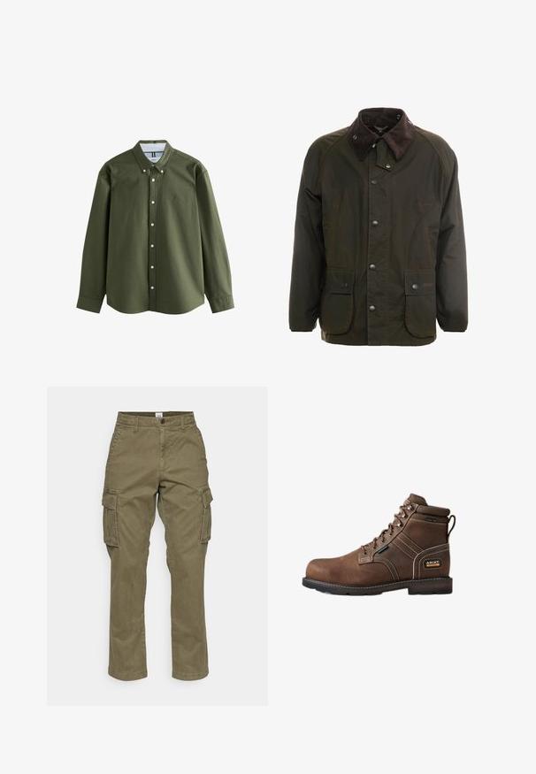 Veste en coton ciré vert foncé avec un col en velours côtelé marron, fermeture à boutons-pression à l'avant, et deux poches sur le devant. Design simple, manches longues.; Chemise à manches longues vert olive avec un col boutonné, des boutons sur le devant et un petit logo brodé. Tissu doux avec un design structuré.; Pantalons cargo vert olive en coton, avec une coupe droite, des poches latérales et des coutures discrètes. La texture est lisse, avec un tissu durable.; Botte de travail marron en cuir à lacets, embout en acier, étiquette imperméable, col rembourré à la cheville et logo Ariat Work au talon.