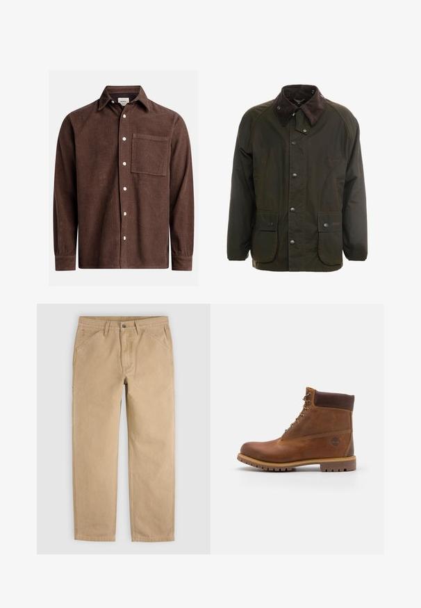 Veste en coton ciré vert foncé avec un col en velours côtelé marron, fermeture à boutons-pression à l'avant, et deux poches sur le devant. Design simple, manches longues.; Chemise en velours côtelé marron avec un col boutonné, poche avant, boutons blancs et manches longues avec des poignets boutonnés. Détail de tissu texturé.; Pantalon droit beige décontracté avec poches avant, passants pour ceinture et fermeture par bouton, présenté à plat sur un fond clair.; Botte de randonnée en cuir marron avec une finition lisse, cheville rembourrée, œillets en métal et semelle en caoutchouc dotée d'un motif de crampons robuste.