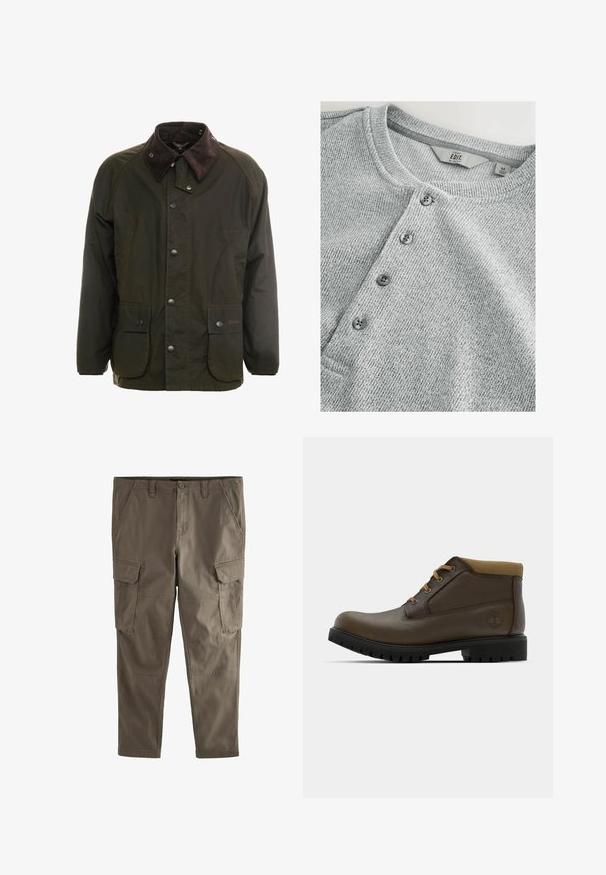 Donkergroene gewaxte katoenen jas met een bruin corduroy kraag, knoopsluiting aan de voorkant en twee voorzakken. Eenvoudig ontwerp, lange mouwen.; Grijze gebreide shirt met lange mouwen en een ronde halslijn, vijf knopen sluiting, ribbelstructuur en een slim fit ontwerp. Label geeft maat M aan.; Cargo broek in olijfgroene stof, met meerdere zijzakken, een rechte pijpdesign en een ritssluiting met een knoopsluiting.; Bruine leren enkellaarzen met een gestructureerde afwerking, tan kleurige stoffen boord, zwarte rubberen zool en bruine veters. Timberland-logo ingedrukt op de zijkant.