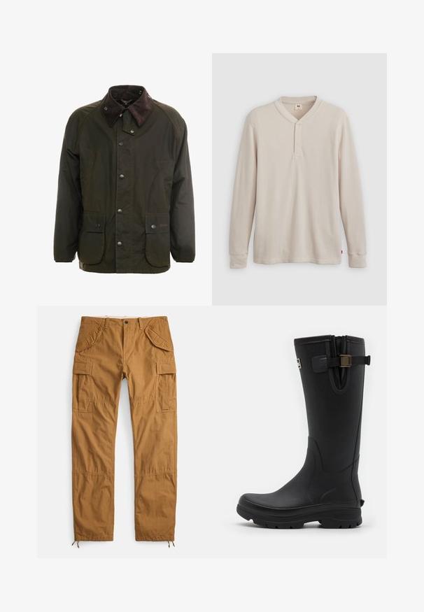 Donkergroene gewaxte katoenen jas met een bruin corduroy kraag, knoopsluiting aan de voorkant en twee voorzakken. Eenvoudig ontwerp, lange mouwen.; Lange mouwen henley-shirt in lichtbeige ribbelstof, met een V-hals, een drieknoopsluiting en manchetten. Rode logo-label aan de onderkant.; Beige cargobroek van katoen, met meerdere zakken, een losse pasvorm en trekkoordzomen voor verstelbare lengte.; Barbour TEMPEST TALL WELLY - Regenlaarzen - black