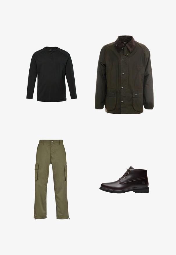 Donkergroene gewaxte katoenen jas met een bruin corduroy kraag, knoopsluiting aan de voorkant en twee voorzakken. Eenvoudig ontwerp, lange mouwen.; Zwarte lange mouw Henley-shirt met drie knopen en een ronde hals, eenvoudig design en rechte zoom.; Olijfgroene cargobroek met een rechte snit, twee zijzakken en ritsdetails bij de broekspijpen. Gemaakt van duurzame stof.; Donkerbruine leren veterschoenen voor de enkels met zwarte zool en subtiel merklogo aan de zijkant, zijaanzicht tegen een witte achtergrond.