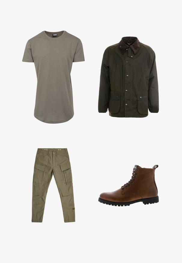 Donkergroene gewaxte katoenen jas met een bruin corduroy kraag, knoopsluiting aan de voorkant en twee voorzakken. Eenvoudig ontwerp, lange mouwen.; Olijfgroene t-shirt van zacht katoen, met een ronde halslijn en korte mouwen, en een langere gebogen zoom voor een relaxte pasvorm.; Olijfgroene cargobroek van duurzaam materiaal, met meerdere zakken, een met rits afsluitbare voorkzak en verstevigde stiksels. Maat 32/34.; Bruine leren enkelbotten met een gestructureerde afwerking, metalen oogjes en een zwarte rubberen profielzool. Voorzien van een trekband aan de achterkant voor gemakkelijke instap.