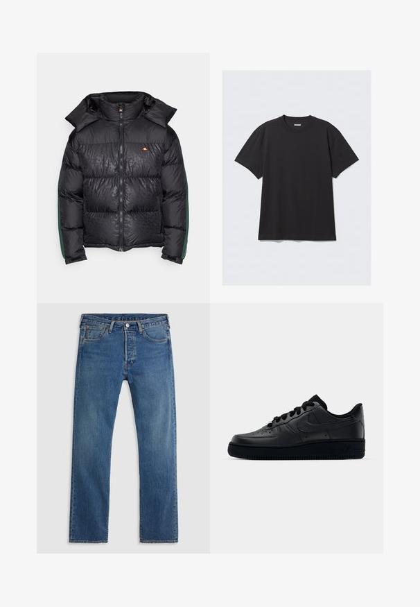 Schwarze Pufferjacke mit Reißverschluss, hohem Kragen und grünen seitlichen Akzenten. Strukturiertes Gewebe mit einem subtilen Muster.; Schwarzes T-Shirt mit kurzen Ärmeln aus Baumwolle. Hat einen Rundhalsausschnitt und eine lockere Passform. Einfaches Design ohne sichtbare Muster oder Akzente.; Blaue geradlinige Jeans aus Denim mit fünf Taschen, Gürtelschlaufen sowie einem Verschluss mit Knopf und Reißverschluss auf einem schlichten Hintergrund.; Schwarzer Nike Air Force 1 Schuh mit einem glatten Lederoberteil, perforierter Zehenpartie für Atmungsaktivität, schwarzen Schnürsenkeln und einer strukturierten Gummisohle.