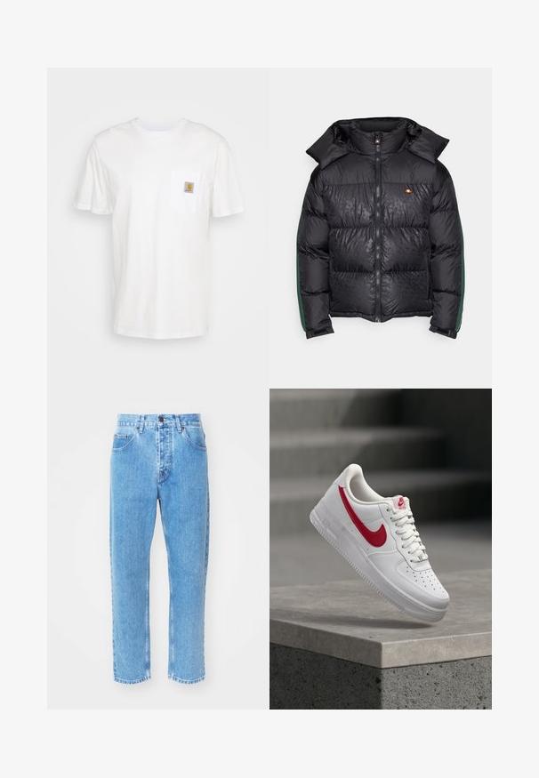 Sort puffjakke med lynlås, høj krave og grønne sideaccentueringer. Struktureret stof med et diskret mønster overalt.; Hvid bomulds T-shirt med korte ærmer, en brystlomme, og et lille firkantet logo patch i orange og hvid på lommen.; Lyseblå denimjeans har en lige ben-design, fem lommer og en klassisk knaplukning i taljen.; Hvid Nike Air Force 1 sneaker med rødt swoosh-logo svæver over en betonafdækning og trapper i baggrunden.