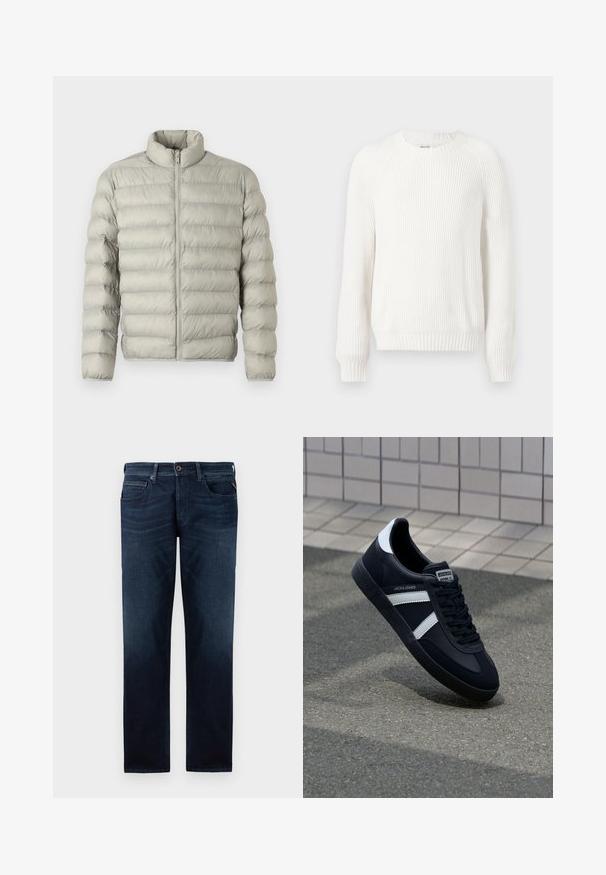 Helle graue Pufferjacke mit Stehkragen, Reißverschluss vorne und horizontalem Steppdesign. Hergestellt aus glattem, gepolstertem Material zur Isolierung.; Weißer gerippter Pullover mit rundem Halsausschnitt, überschnittenen Schultern und langen Ä sleeves. Verfügt über strukturierten Stoff und einen geraden Saum.; Dunkelblaue Jeans aus Denim mit geradem Bein, fünf Taschenstil und sichtbarem Knopfverschluss an der Taille. Glatte Textur.; Schwarze Leder-Sneaker mit weißen Streifen, strukturiertem Gummisohle und Schnürung. Verfügt über ein Markenetikett auf der Zunge.