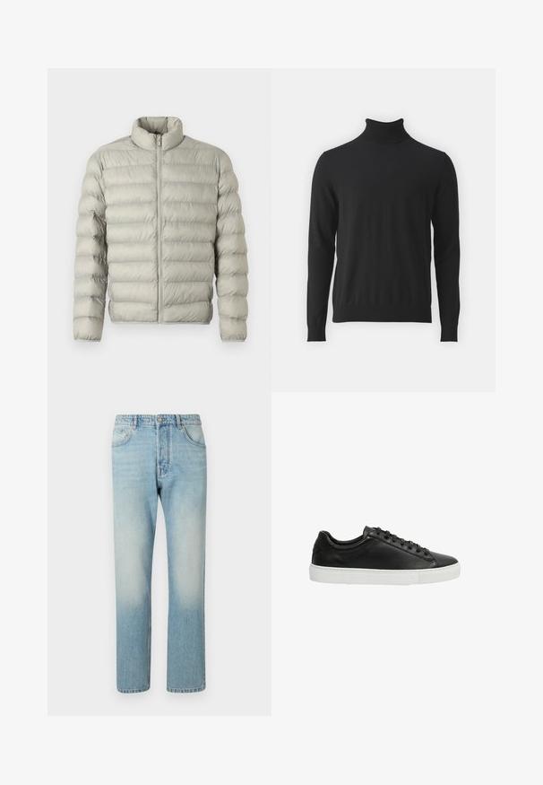 Lys grå pufferjakke med ståkrave, lynlås foran og vandret quiltet design. Fremstillet af glat, polstret materiale til isolering.; Sort turtleneck sweater lavet af blødt stof, med lange ærmer og ribbet krave, en glat tekstur og tætsiddende design.; Lyseblå jeans lavet af denim, med et lige ben-design, fem lomme-struktur og falmet vaskeffekt ved lårene.; Sorte lædersneakers med en glat tekstur, rund tå og hvid gummisål. Har snørebåndsdesign og minimalistiske detaljer.