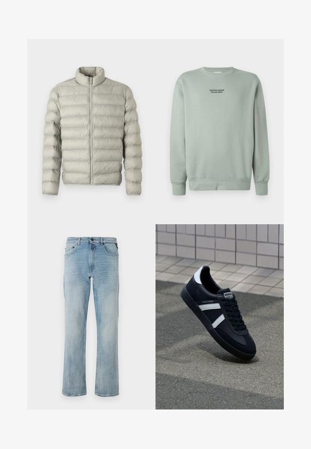 Lys grå pufferjakke med ståkrave, lynlås foran og vandret quiltet design. Fremstillet af glat, polstret materiale til isolering.; Lys salviegrøn crewneck sweatshirt med lange ærmer og sort tekst "Crafted Goods - Pier One Denim" centreret på brystet.; Lyseblå denim jeans med en afslappet pasform, der har subtile slidte detaljer og et klassisk fem-lomme-design.; Sort lædersneaker med hvide striber, tekstureret gummisål og snørrebånd foran. Har et brandet mærke på tungen.