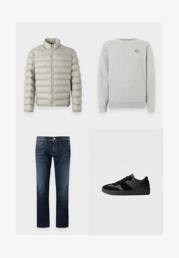 Helle graue Pufferjacke mit Stehkragen, Reißverschluss vorne und horizontalem Steppdesign. Hergestellt aus glattem, gepolstertem Material zur Isolierung.; Grauer Sweatshirt aus Baumwollmischung, mit Rundhalsausschnitt und gerippten Bündchen. Ein kleines schwarzes Diamantlogo ist auf der Brust gestickt.; Dunkelblaue Jeans aus Denim mit einem klassischen geraden Bein Design, ausgestattet mit fünf Taschen, einem Knopfverschluss vorne und dezenten Steppnähten.; Schwarze Sneaker aus einer Mischung von glattem Leder und Wildleder, mit einer strukturierten schwarzen Gummisohle und dezenten Streifendetails.