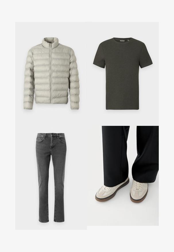 Lys grå pufferjakke med ståkrave, lynlås foran og vandret quiltet design. Fremstillet af glat, polstret materiale til isolering.; Mørkegrøn kortærmet t-shirt med rund halsudskæring, lavet af ribbet materiale; har et enkelt, minimalistisk design uden mønstre.; Sorte straight-leg denim jeans med front- og baglommer, lynlåslukning og knaplukning på en neutral hvid baggrund.; Fødder iført beige sneakers med brune såler og sorte bukser med vide ben på hvid baggrund.