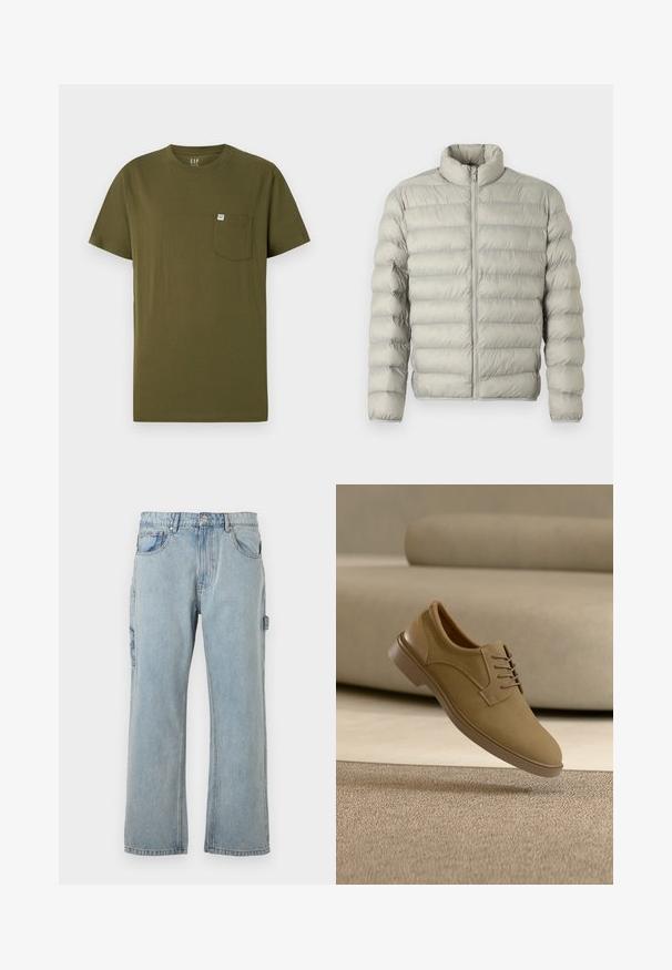 Lys grå pufferjakke med ståkrave, lynlås foran og vandret quiltet design. Fremstillet af glat, polstret materiale til isolering.; Olivengrøn bomulds t-shirt med rund hals, korte ærmer og en venstre brystlomme med et lille mærkelabel. Glat tekstur.; Lyseblå denim cargo-buks med en afslappet pasform, der har sidelommer, lige ben og synlige syninger.; Beige afslappet snøresko svævende over et struktureret tæppe med en beige buet sofa i baggrunden.