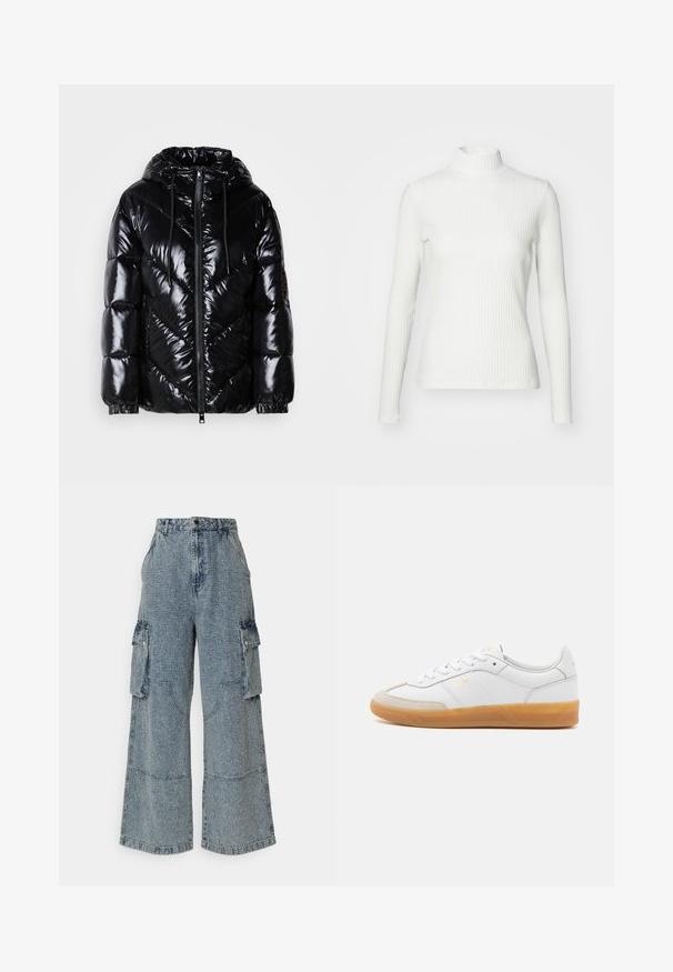 Sort dunjakke med en blank overflade, chevron kviltet mønster, justerbar hætte og elastiske manchetter. Har en frontlynlås til lukning.; Hvid ribbet turtleneck blouse med lange ærmer, lavet af elastisk stof. Har et tætsiddende design og høj hals for god dækning.; Lysblå, brede denim cargo bukser med for- og sidelommer, en tekstureret finish og synlige syninger.; Hvide lædersneakers med beige ruskindsdetaljer, gummisål og snøredesign. Har diskret branding i guld.