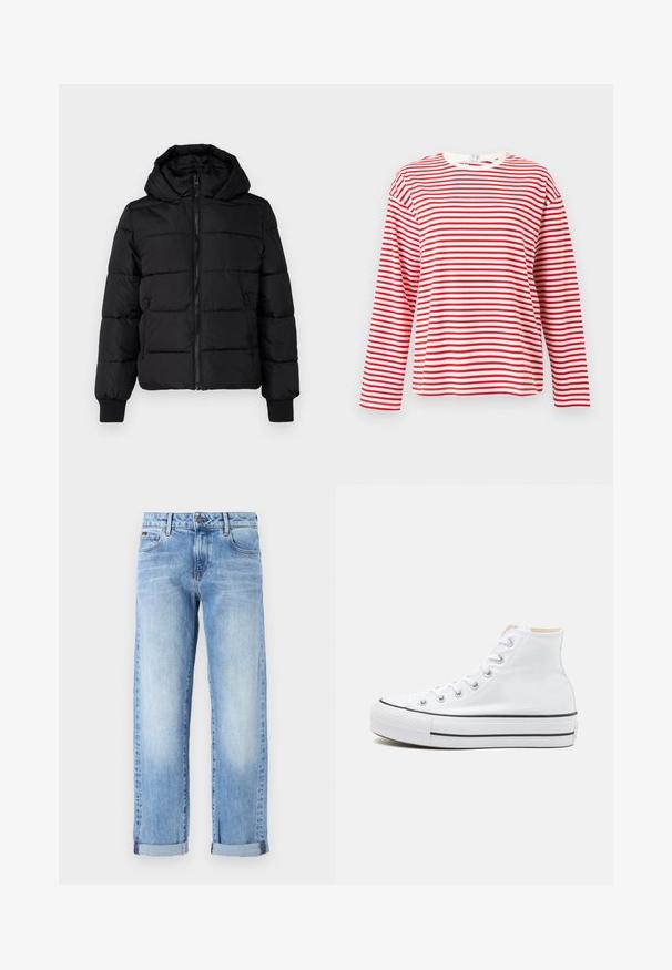 Zwarte gewatteerde jas met een capuchon, ritssluiting aan de voorkant en elastische manchetten. Glad materiaal met gestikte secties; twee zijzakken voor opslag.; Rood-wit gestreept longsleeve T-shirt met ronde hals, gemaakt van zachte stof, met gelijkmatig verdeelde strepen en een ontspannen pasvorm.; Lichtblauwe denim jeans met opgerolde mouwen, vooraan een knoop en rits, en een klassieke vijf-pocket ontwerp op een witte achtergrond.; Witte hoge sneakers van canvasmateriaal, zwarte rubberen zool en contrasterende zwarte streep op de tussenzool. Circulaire neus en vetersluiting.