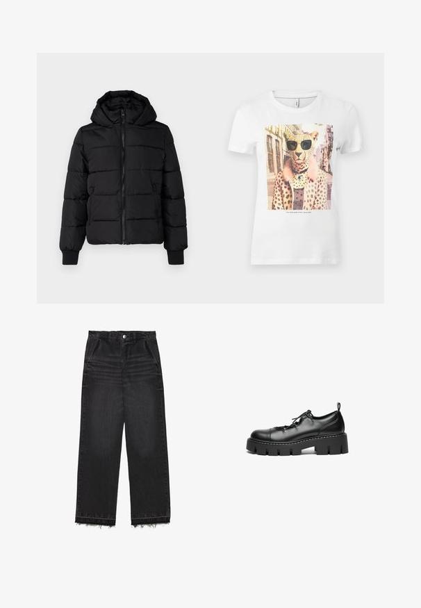 Sort polstret jakke med hætte, lynlås foran og elastiske manchetter. Glat stof med quiltede sektioner; to sidelommer til opbevaring.; Hvid bomuld T-shirt med et grafisk print af en leopard med solbriller, en pink pelskrave og brune pletter på kroppen.; Sorte denimbukser med lige ben. Har høj talje, rå kant og en diskret falmet struktur. Foran er der lommer.; Sorte læder snørebåndssko med rund tå, kraftig platåsål og dekorativ syning langs kanten.