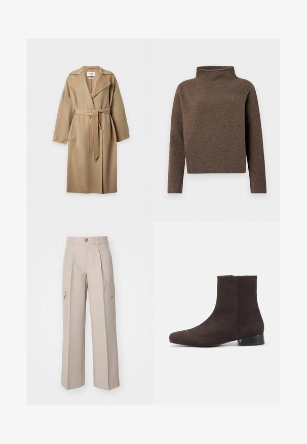 Lang kamelfarvet uldfrakke med brede revers, to forlommer og et matchende stofbælte bundet i taljen, vist på en ensfarvet baggrund.; Brun, cropped sweater med en høj, fold-over hals, lange ærmer og et blødt, tekstureret stof. Minimalistisk design uden synlig hardware.; Beige brede bukser lavet af stof, med frontfolder og to sidecargo-lommer. Indeholder en frontknaplukning.; Mørkebrun ruskind ankelstøvle med lav blokhæl og sidelås, slank rundet tå, på ensartet lys baggrund.