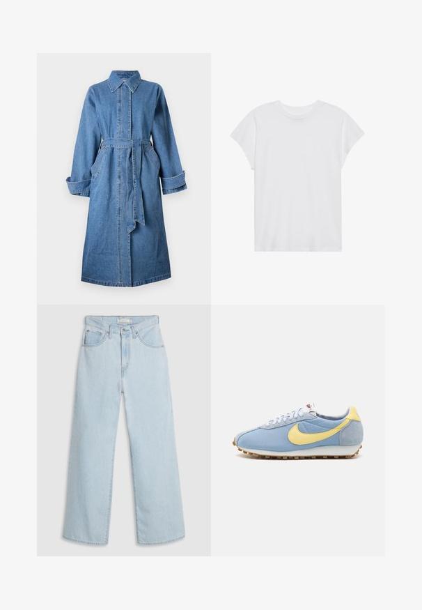 Denim trench coat i lys blå. Har en krave, lange ærmer, et bælte i taljen og to forlommer.; Hvid kortærmet t-shirt med rund hals, afslappet pasform, lavet af blødt bomuldsstof. Glat tekstur, ingen mønstre eller logoer.; Lyseblå, vide jeans med høj talje, der har knap- og lynlås lukning, dobbelte forlommer foran og diskrete syningsdetaljer.; Blå mesh- og ruskinds-sneakers med gul Nike swoosh, hvide snørebånd og lysebrun sål; klassisk atletisk design.