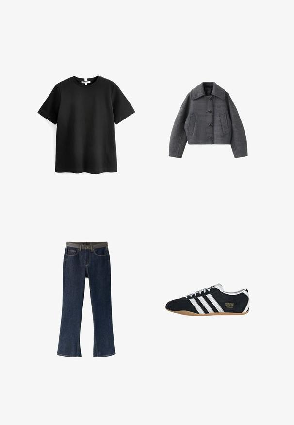 Chaqueta abotonada de cuadros gris oscuro con cuello grande y dos bolsillos delanteros, colocada en posición plana sobre fondo blanco.; Camiseta negra de manga corta hecha de algodón. Cuello redondo con dobladillo recto y sin patrones ni gráficos visibles. Textura suave y lisa.; Vaqueros de mezclilla azul oscuro con corte de pierna recta y un cinturón marrón oscuro pasado por las trabillas de la cintura.; Zapatillas de ante negro con tres franjas blancas, logotipo dorado y suela de goma marrón. Presentan un diseño de cordones de perfil bajo.