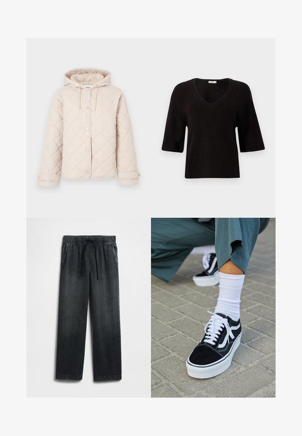 Lys beige quiltet jakke med hætte, trykknaplukning, lange ærmer og justerbare manchetter.; Sort strikket sweater med V-hals, korte ærmer og en afslappet pasform. Blød tekstur med ribbede detaljer ved kanten og ærmerne.; Sorte denimbukser med elastisk talje og snøre, vid pasform og diskret falmet look. To sidelommer inkluderet.; Sorte ruskinds sneakers med hvide accenter og snørebånd, der har en tyk hvid sål og kontrasterende syninger, parret med en hvid sok.