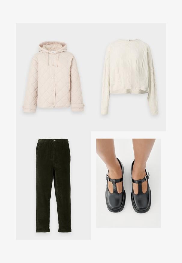 Veste matelassée beige clair avec capuche, fermeture à boutons-pression, manches longues et poignets réglables.; Pull en tricot torsadé crème avec un col rond, un ourlet court et des poignets côtelés. Présente un motif texturé sur l'ensemble du tissu.; Pantalons en velours côtelé vert foncé avec une finition texturée, dotés d'une taille élastique, de poches avant et de jambes fuselées.; Chaussures en cuir noir avec un design à bride en T, bout fermé et accents de boucles argentées. Texture lisse avec un bout arrondi et une semelle plate.