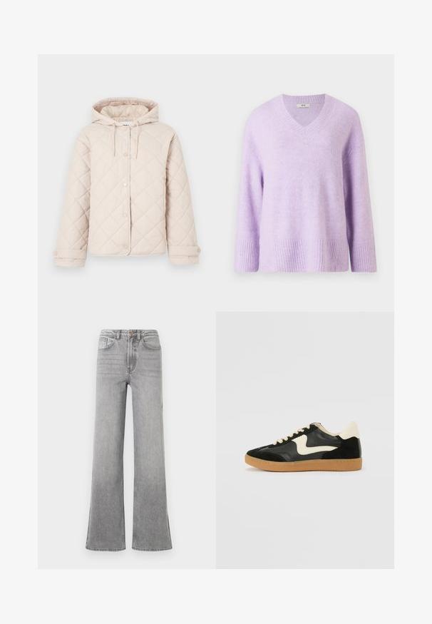 Lichtbeige doorgestikte jas met capuchon, drukknoopsluiting, lange mouwen en verstelbare manchetten.; V-hals pullover trui in zacht lichtlavendel, gemaakt van een textuurstof, met 3/4 mouwen en een geribde zoom en manchetten.; Grijze denim flared jeans met een hoge taille, voorkruiszakken, riemlussen en een subtiele vervaagde afwerking, gepresenteerd op een witte achtergrond.; Zwarte suède en leren sneaker met een crèmekleurige zij-swoosh en lichte crèmekleurige hiel. Voorzien van beige veters en een gumrubberen zool.