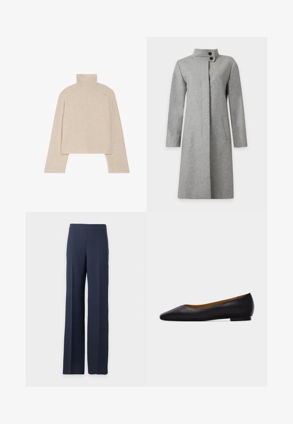 Long manteau en laine gris clair avec col montant fermé par deux boutons noirs et poches latérales fendues, présenté sur fond blanc.; Pull col roulé beige à côtes, avec des manches longues et une coupe ajustée, présentant un col haut et un motif de tricot texturé.; Pantalon large bleu marine à taille haute avec un devant épuré, présenté sur un fond gris clair uni.; Chaussure plate en cuir noir à bout pointu avec talon bas et finition lisse, vue de côté sur un fond gris clair.