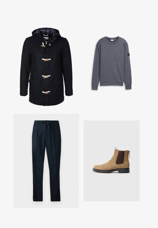 Marineblå uld duffeljakke med hætte, to frontlommer, trætogglelukninger og et ternet for i rød og grøn.; Grå langærmet sweatshirt lavet af tekstureret stof med rund hals og ribbede manchetter. Har et minimalistisk design uden udsmykninger.; Marineblå bukser lavet af tekstureret stof, med elastisk talje, lige ben og to frontfældinger for et skræddersyet udseende.; Tan ruskind ankelstøvle med en rund tå, elastiske sidepaneler, en bageste løftestrop og en tekstureret gummisål for godt greb.