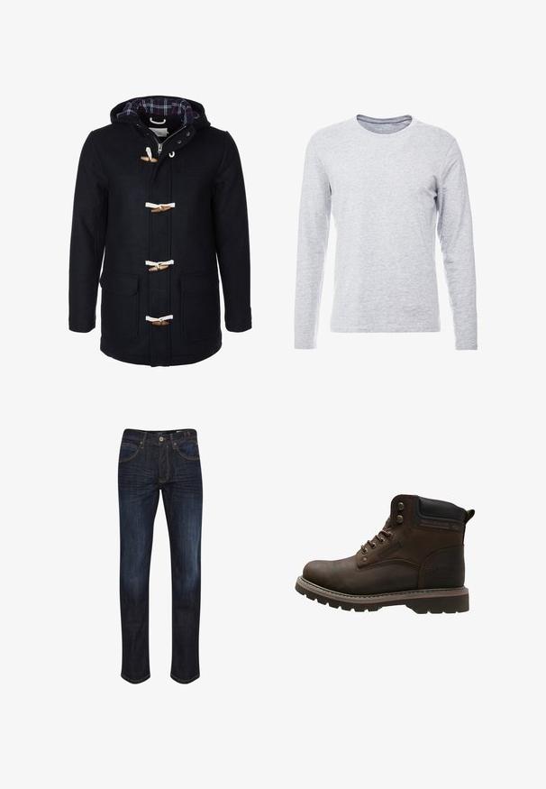 Marineblauer Woll-Dufflecoat mit Kapuze, zwei aufgesetzten Taschen, Holzknopf-Verschlüssen und einem Karo-Futter in Rot und Grün.; Langärmliges graues T-Shirt aus einem sanften, leichten Stoff mit klassischem Rundhalsausschnitt und schlichter, unauffälliger Gestaltung.; Dunkelblaue Denim-Jeans mit geradem Bein, fünf Taschen, goldenen Nähten und einer glatten Textur. Knopfverschluss an der Taille.; Braune Lederstiefelette mit profilierter Sohle, rundem Zehenbereich, Metallösen und gepolstertem Kragen. Mit Branding an der Seite.
