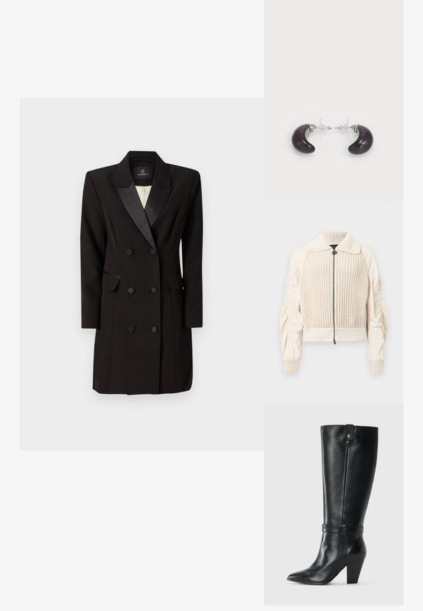 Strikket og vævet cremefarvet jakke med lynlås, ribbet krave og ballonærmer. Indeholder en tekstureret front og glat stof på siderne.; Dobbeltbreasted sort blazer kjole lavet af glat stof, med satin klap, to klaplommer og seks frontknapper.; Sorte læderstøvle til midt på læggen med spids tå, blokhæl, dekorativ rem omkring anklen og lille metallogo nær den øverste kant.; Mørkelilla resinøreringe formet som halvmåner med sølvmetalaccenter og gennemsigtige plastikbagstykker for sikker fastgørelse.