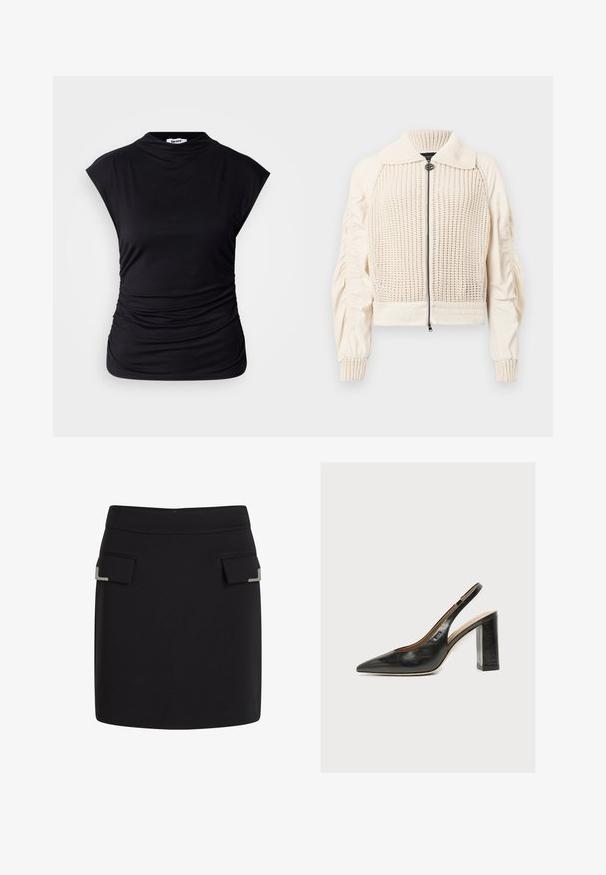 Veste crème en maille et tissu tissé avec fermeture éclair, col côtelé et manches ballon. Présente un devant texturé et un tissu lisse sur les côtés.; Haut noir sans manches avec un col montant, des côtés froncés et un tissu lisse. Design simple sans logos ni motifs visibles.; Jupe mini noire avec deux poches avant à rabat, chacune dotée d'un petit détail décoratif en argent dans le coin.; Escarpin slingback en cuir noir pour femme avec bout pointu et talon bloc épais et haut sur fond blanc.