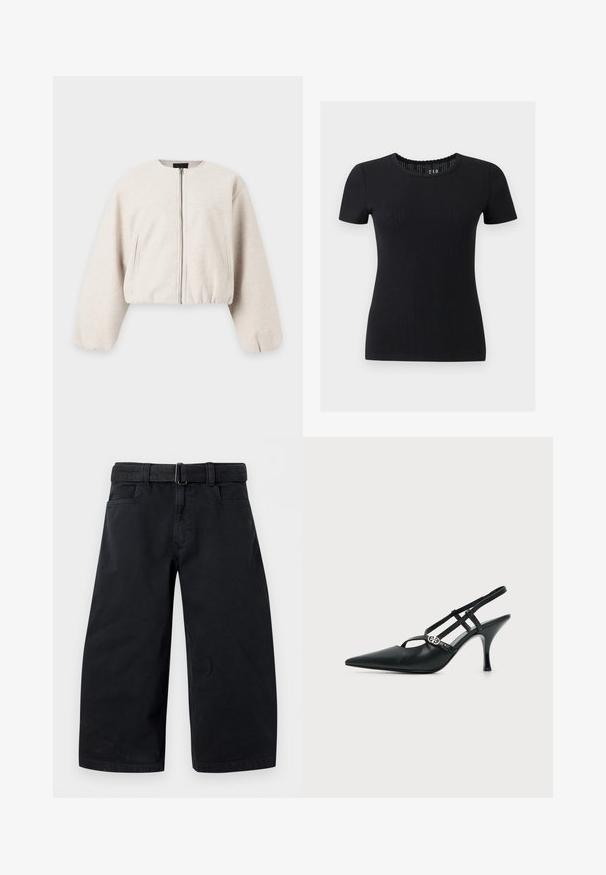 Veste bomber beige clair avec fermeture éclair à l'avant, deux poches latérales, manches longues bouffantes, et ourlet et poignets élastiqués.; Haut noir en maille côtelée à manches courtes avec encolure ronde et bord festonné, silhouette ajustée.; Pantalon noir large et court avec passants de ceinture et poches avant sur fond uni.; Escarpin slingback en cuir noir à bout pointu avec fines brides et une petite boucle décorative argentée sur le côté.