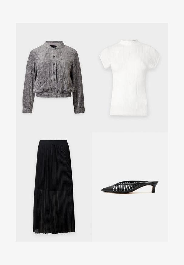 Veste grise en velours à manches longues avec côtes verticales, devant boutonné, petit col, taille élastiquée et deux poches avant discrètes.; Haut blanc à manches courtes côtelé avec un col haut. Texture douce, coupe ajustée et lignes verticales subtiles. Transition d'épaule sans couture.; Jupe midi plissée noire avec une taille élastique lisse et une superposition transparente, présentant de fins plis verticaux sur toute la surface du tissu.; Mule en cuir noir avec bout pointu, design découpé à brides et petit talon kitten sur fond blanc.
