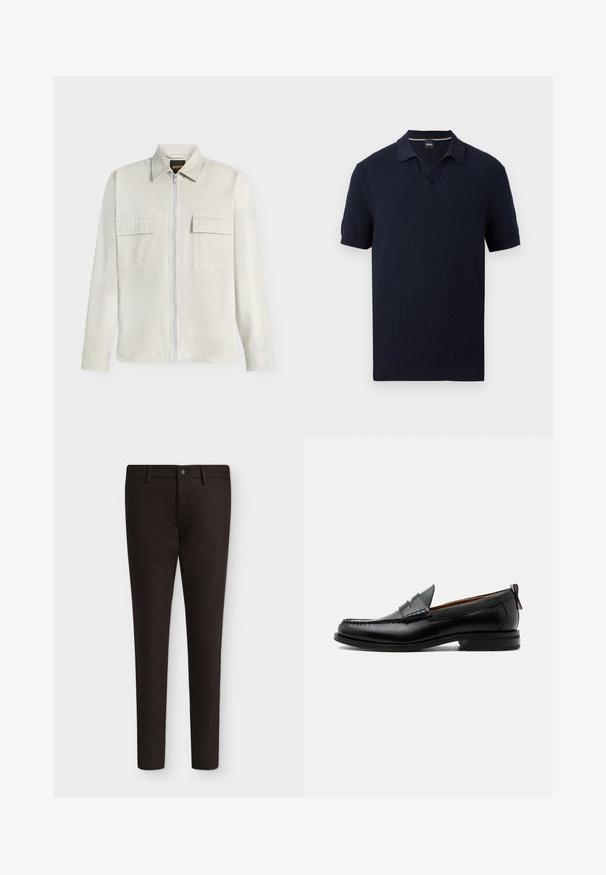 Veste beige clair à manches longues avec fermeture éclair complète sur le devant, deux poches poitrine à rabat et un col classique, affichée sur fond blanc.; Polo à manches courtes texturé bleu marine avec col ouvert et poignets et ourlet côtelés, étiqueté BOSS.; Pantalon habillé marron foncé à jambe droite, avec passants de ceinture et fermeture à bouton devant, présenté à plat sur fond blanc.; Mocassin homme en cuir noir avec couture moc toe, bride penny, col texturé et petit talon empilé sur fond blanc.