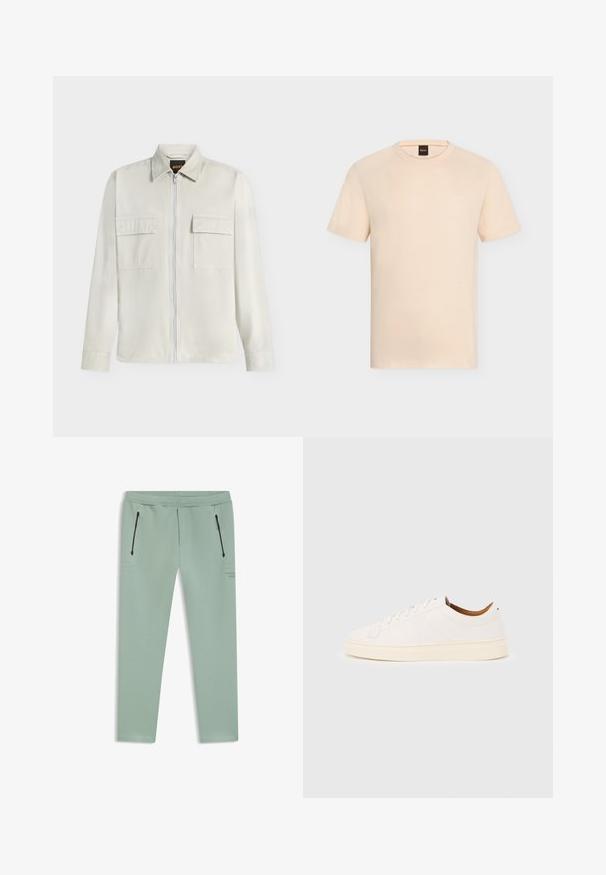 Light beige long-sleeve jacket with a full front zipper, two chest flap pockets, and a classic collar, displayed on a white background.; Beige short-sleeve crew neck T-shirt with subtle “BOSS” logo on the chest and black tag inside the neckline.; Light green tapered pants with black zipper pockets on front sides and elastic waistband.; White low-top sneaker with lace-up design, minimal stitching details, and a cream-colored sole on a light gray background.