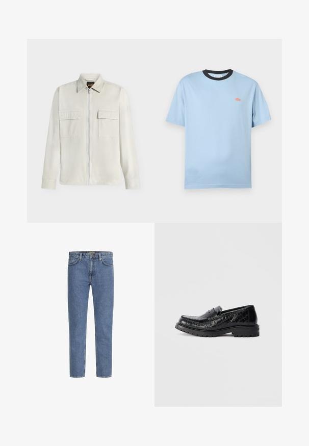 Lysebeige langærmet jakke med fuld lynlås foran, to brystlommer med klap og en klassisk krave, vist på en hvid baggrund.; Lyseblå kortærmet t-shirt med sort krave og lille orange krokodillelogo på venstre bryst mod en hvid baggrund.; Lyseblå denimjeans med lige ben, fem lommer og kontrastsyede syninger. Let falmet for et slidt look. Kraftig metal knap.; Sort krokodilleskinnet loafers med kraftig sål og penny-strop, set fra siden, isoleret på lys grå baggrund.