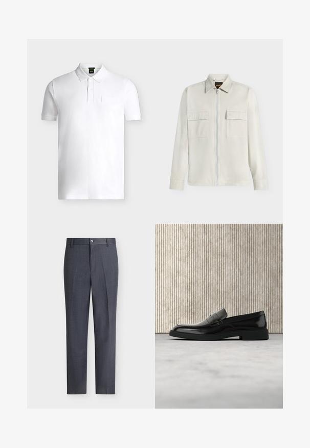 Veste beige clair à manches longues avec fermeture éclair complète sur le devant, deux poches poitrine à rabat et un col classique, affichée sur fond blanc.; Polo blanc à manches courtes avec col côtelé, patte de boutonnage à deux boutons et logo embossé discret sur la poitrine gauche.; Pantalon habillé sur mesure gris foncé avec fermeture par bouton et zip, passants de ceinture et coupe droite sur fond blanc.; Mocassin en cuir noir poli flottant au-dessus d'un tapis beige avec un mobilier translucide orange en arrière-plan.