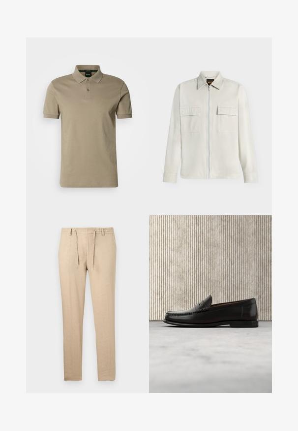 Veste beige clair à manches longues avec fermeture éclair complète sur le devant, deux poches poitrine à rabat et un col classique, affichée sur fond blanc.; Polo beige avec col classique, patte à deux boutons et manches courtes. Logo discret sur la poitrine ; tissu en coton lisse.; Pantalon beige clair coupe ajustée avec taille à cordon et passants pour ceinture, doté de poches latérales et jambes droites.; Mocassin penny en cuir noir avec talon bas, bout arrondi et détails cousus à l'avant et sur les côtés, présenté sur un fond neutre.