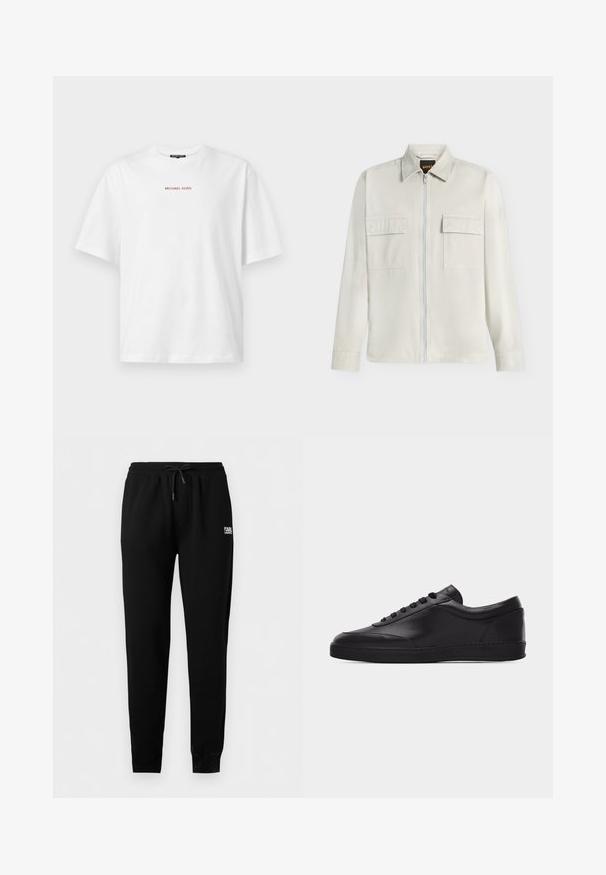 Lysebeige langærmet jakke med fuld lynlås foran, to brystlommer med klap og en klassisk krave, vist på en hvid baggrund.; Hvid kortærmet t-shirt med rund hals og lille rød "MICHAEL KORS" tekst centreret på brystet.; Sorte slim fit joggebukser med elastisk taljebånd og snøre, manchetter ved anklerne samt lille hvid "KARL LAGERFELD"-logo på højre hofte.; Sort lavtstående lædersneaker med snørebånd foran og flad gummisål, vist fra siden på en ensartet hvid baggrund.