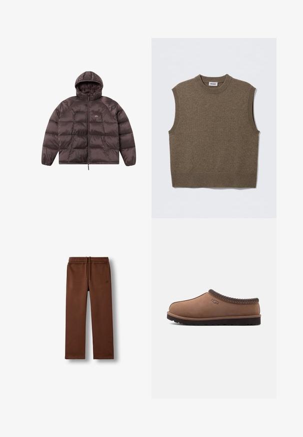 Chaqueta tipo puffer marrón con capucha, que presenta un diseño acolchado, cierre con cremallera y dos bolsillos frontales. Fabricada con un tejido brillante y suave.; Suéter de punto marrón sin mangas con cuello redondo, bordes acanalados y textura suave; la etiqueta dice "WEEKDAY".; Pantalones deportivos marrones casuales con cintura elástica y cordón, con bolsillos laterales y un pequeño logo bordado en la cadera izquierda.; Zapato marrón de ante sin cordones con un ribete superior tejido, punta redondeada y suela de goma oscura texturizada. Logo en relieve en el lateral.