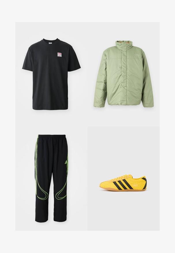 Hellgrüne isolierte Jacke mit hohem Kragen, glatter Textur, Frontreißverschluss ohne sichtbare Taschen und dezentem Logo auf der Brust.; Schwarzes Baumwoll-T-Shirt mit Rundhalsausschnitt, kurzen Ärmeln und einem kleinen farbigen Etikett auf der linken Brust, das das Wort "SUPERIOR" zeigt.; Schwarze Adidas Sportpants mit neongrünen, gebogenen Linien und drei Streifen an den Seiten, elastischem Bund und Adidas-Logo am Vorderoberschenkel.; Gelber Sportschuh mit strukturiertem Obermaterial, verziert mit schwarzen Streifen und Logo. Abgerundete Spitze, weiche Sohle und Zickzackmuster auf dem Material.